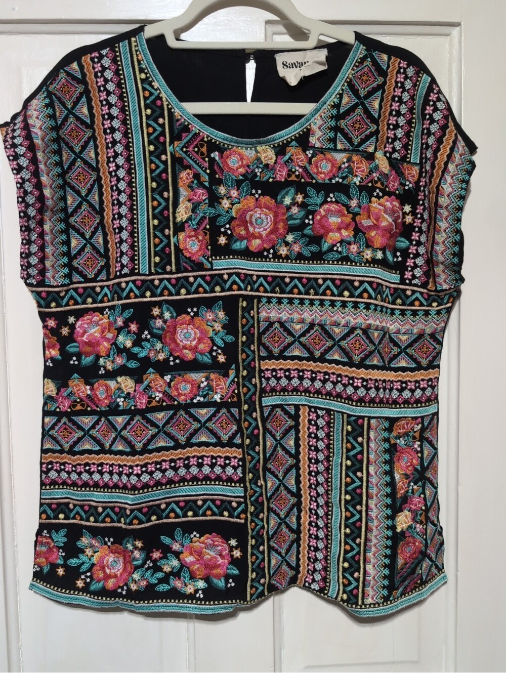 Savanna Jane Embroidered Cap Sleeve Top Boho Peasant Floral Woman's L(1638)E